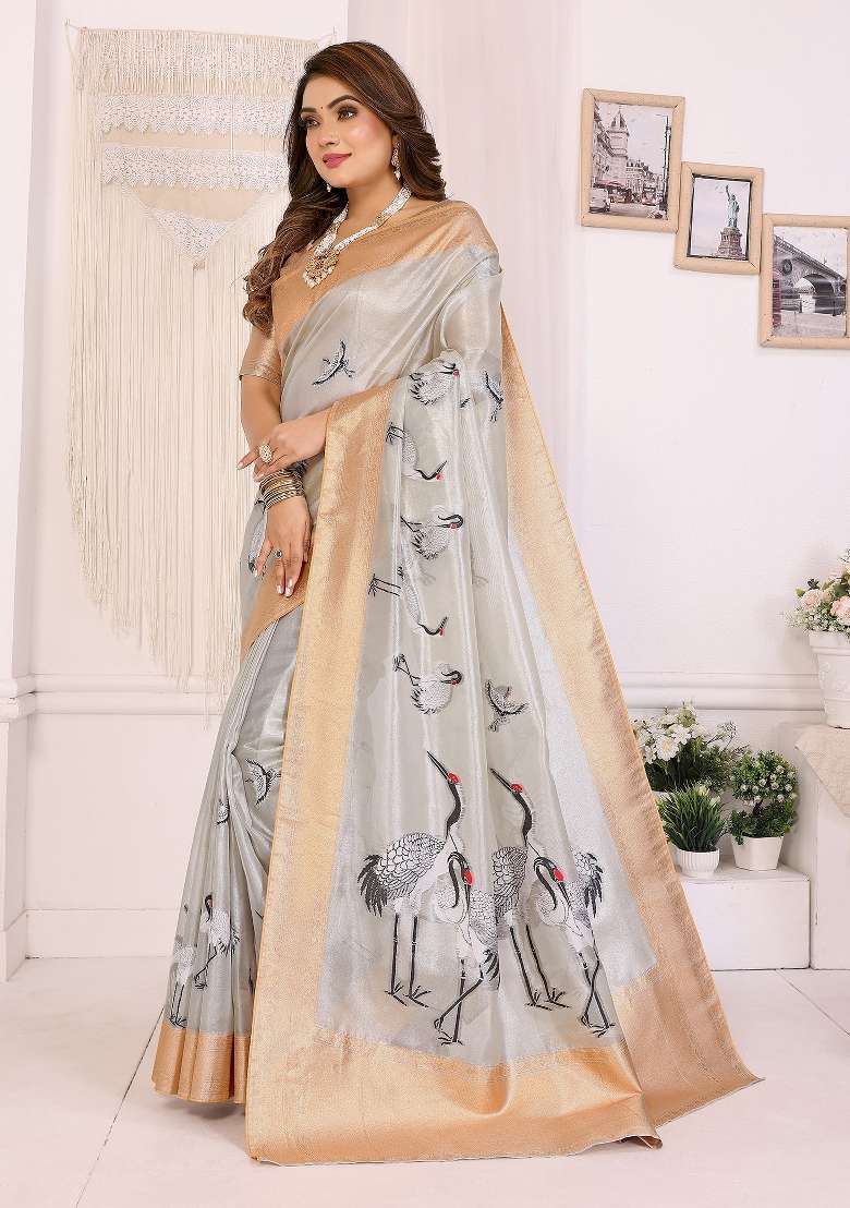 Golden Silk Blend Saree Set with Embroidered for Diwali | Wedding & Festive Wear - Indya