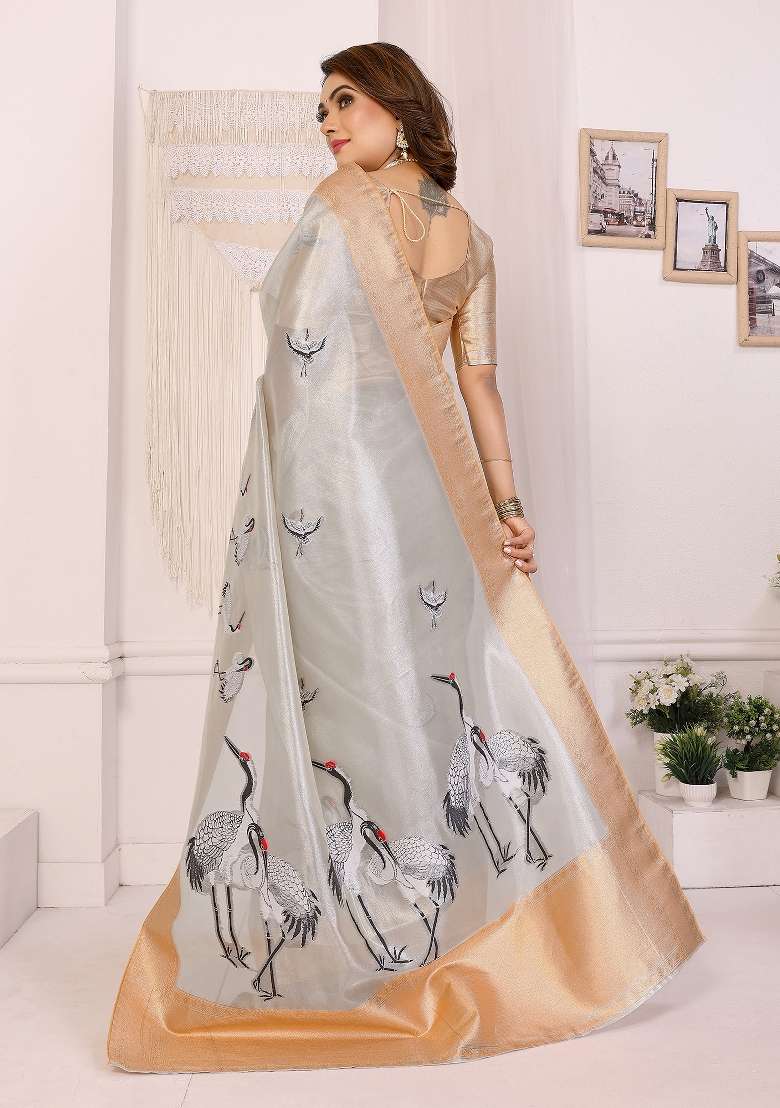 Golden Silk Blend Saree Set with Embroidered for Diwali | Wedding & Festive Wear - Indya