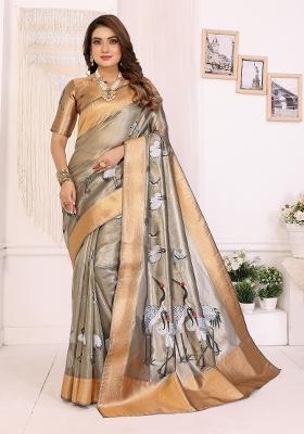 Golden Embroidered Silk Saree Set