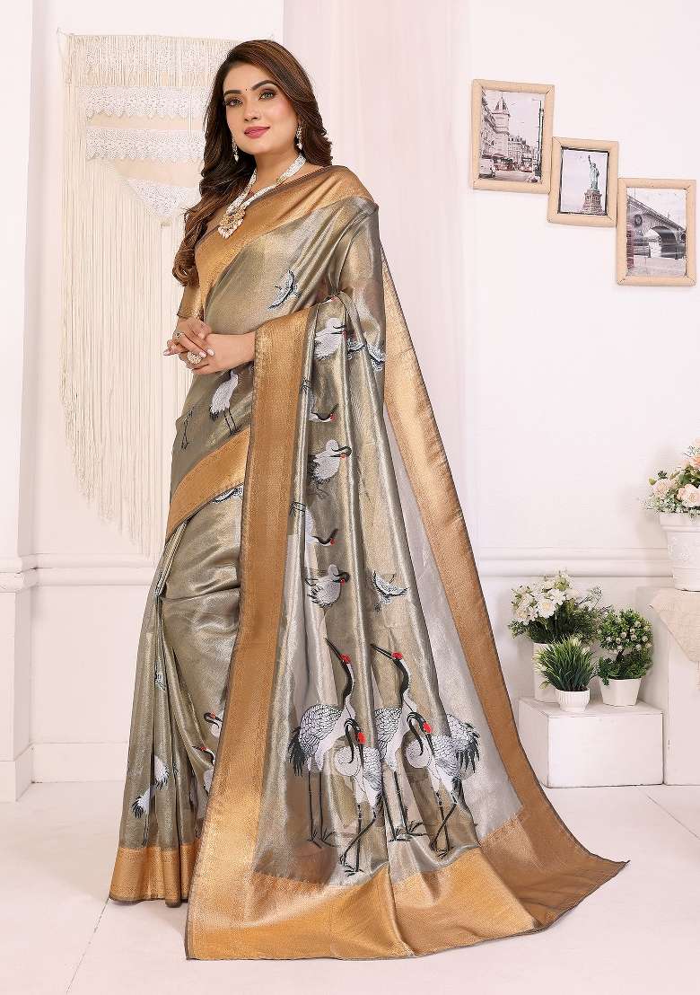 Golden Embroidered Silk Blend Saree Set for Diwali and Festive Wear - Indya