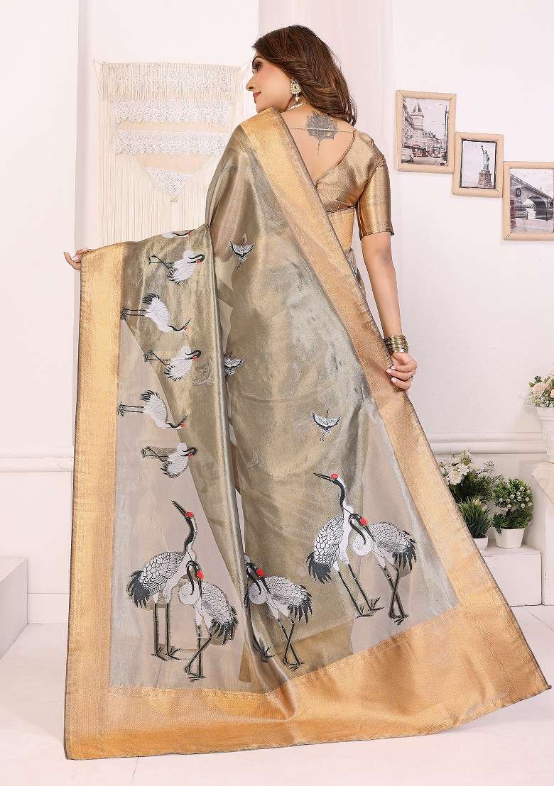 Golden Embroidered Silk Blend Saree Set for Diwali and Festive Wear - Indya