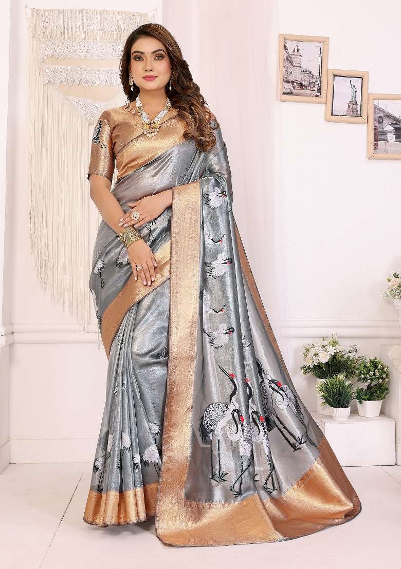 Golden Embroidered Silk Blend Saree Set for Diwali and Festive Wear - Indya