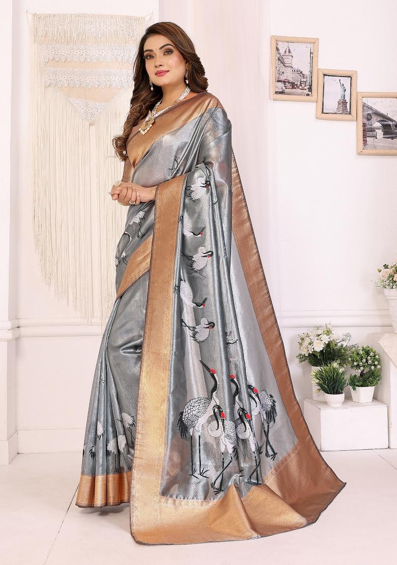Golden Embroidered Silk Saree Set - Indya