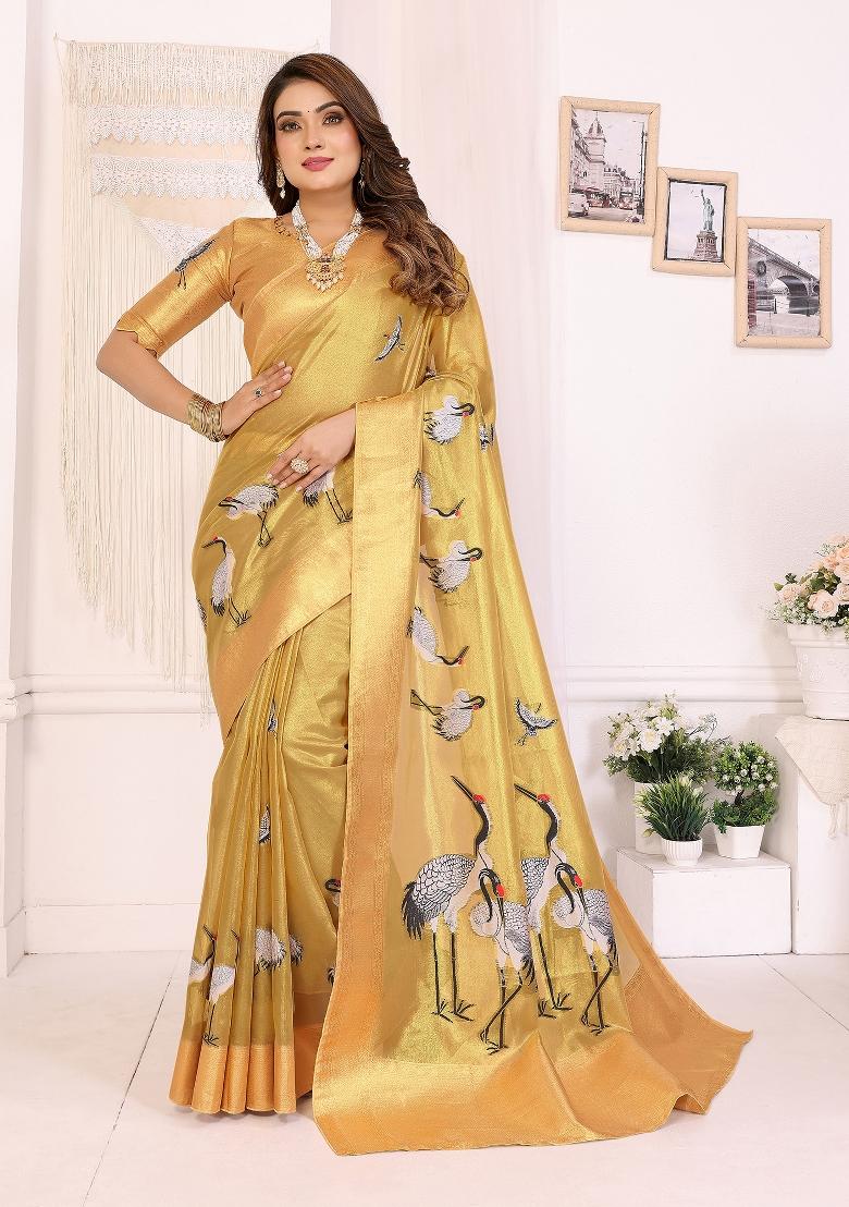 Golden Embroidered Silk Saree Set
