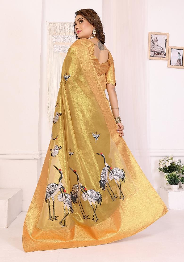 Golden Embroidered Silk Saree Set
