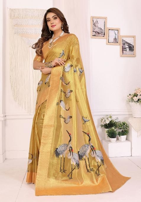 Golden Embroidered Silk Saree Set