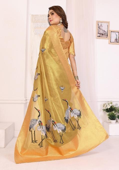 Golden Embroidered Silk Saree Set