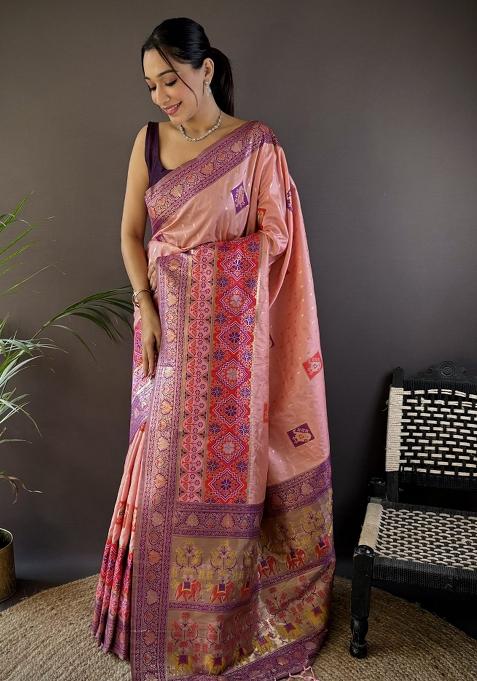 Lavender Embroidered Silk Saree Set
