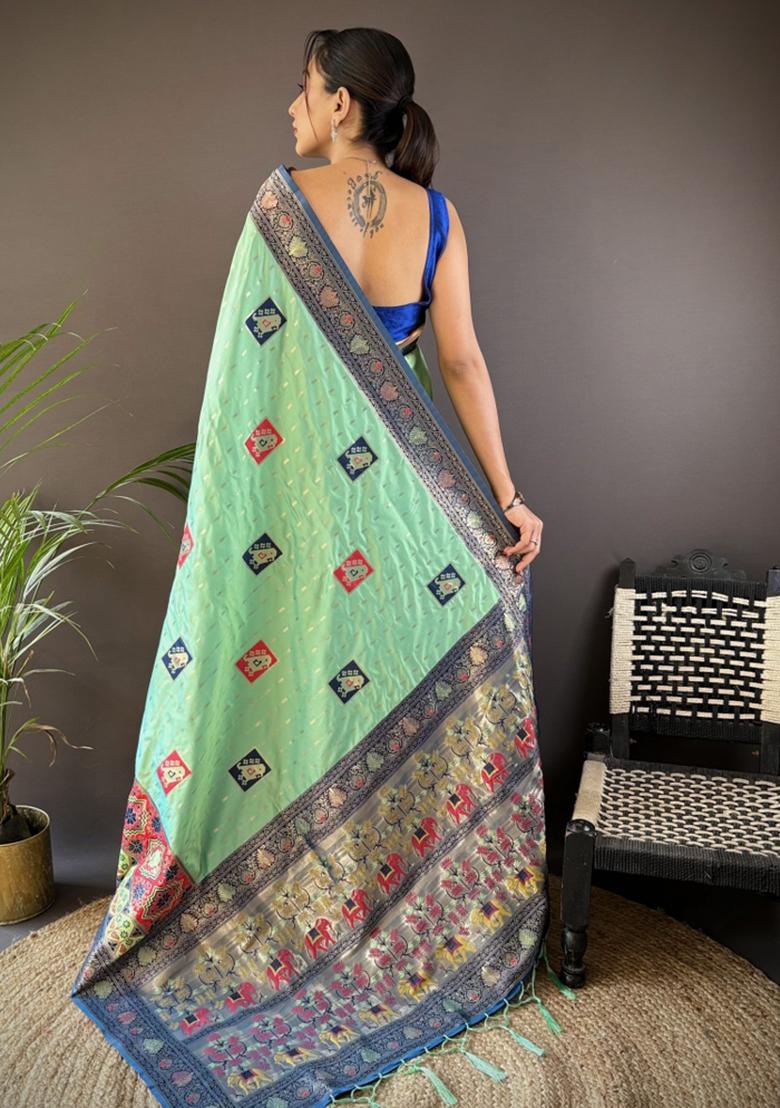 Royal Blue Embroidered Silk Saree Set