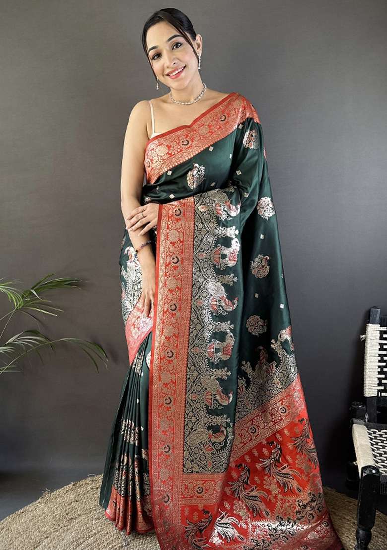 Red Embroidered Silk Saree Set - Indya