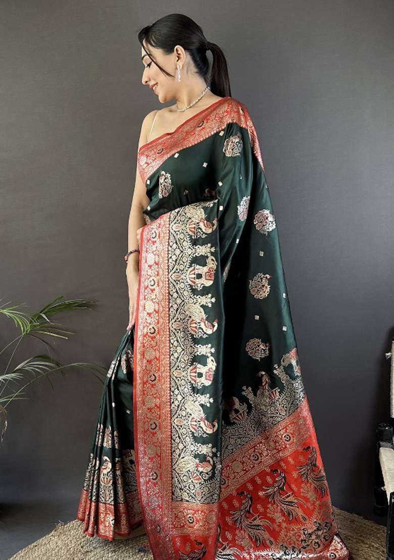 Red Embroidered Silk Saree Set - Indya