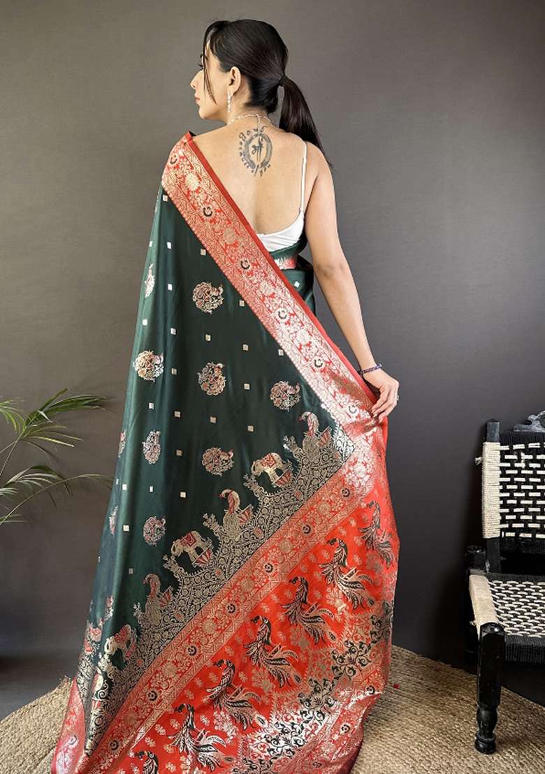 Red Embroidered Silk Saree Set - Indya