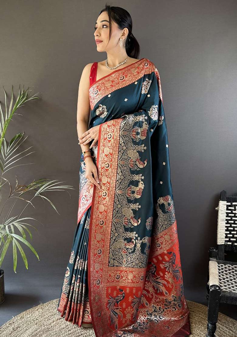 Red Silk Blend Saree Set with Embroidered for Diwali | Wedding & Festive Wear - Indya