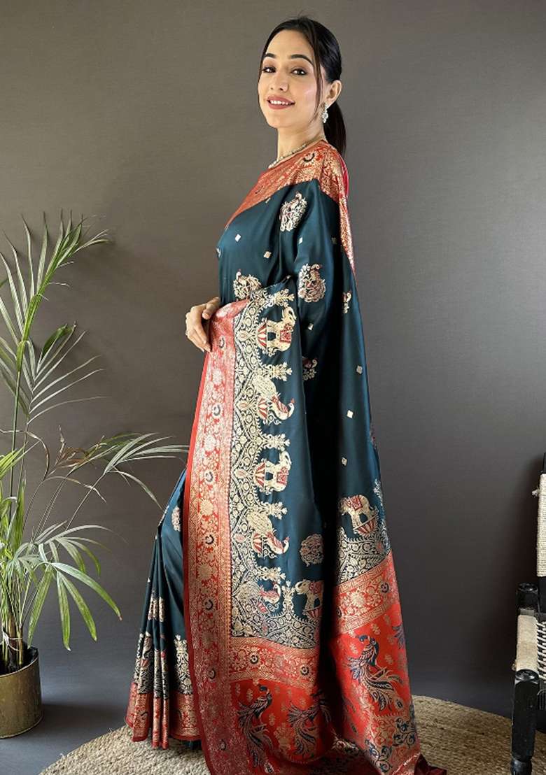 Red Silk Blend Saree Set with Embroidered for Diwali | Wedding & Festive Wear - Indya
