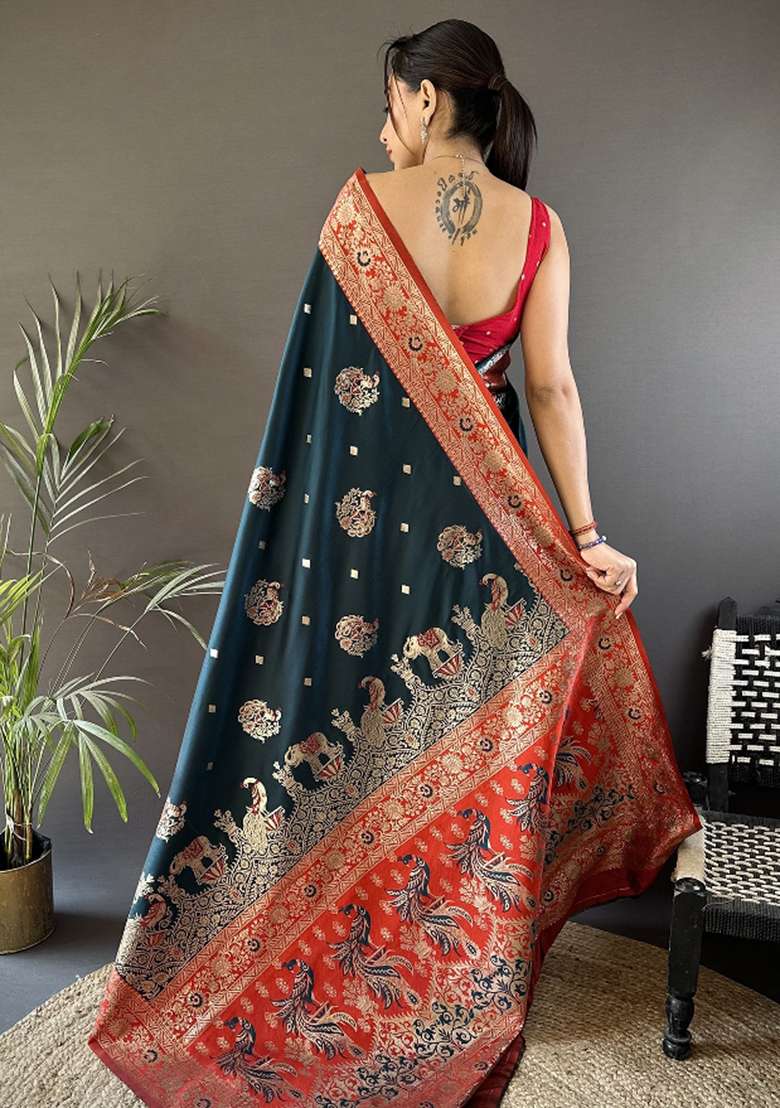 Red Silk Blend Saree Set with Embroidered for Diwali | Wedding & Festive Wear - Indya