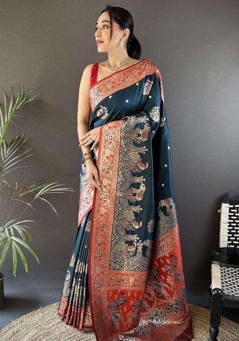 Red Embroidered Silk Saree Set