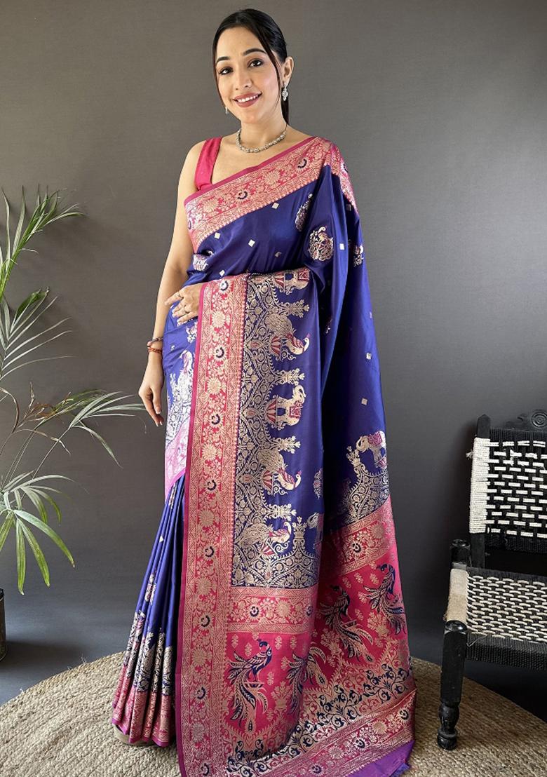 Magenta Embroidered Silk Saree Set