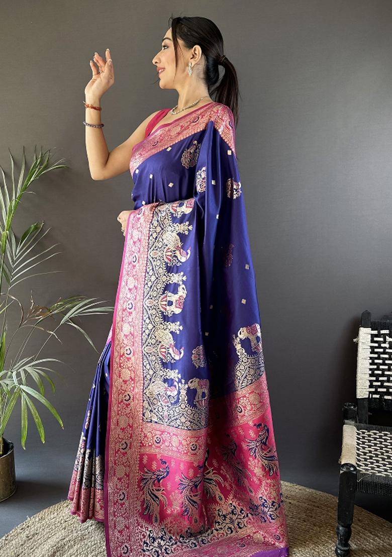 Magenta Embroidered Silk Saree Set