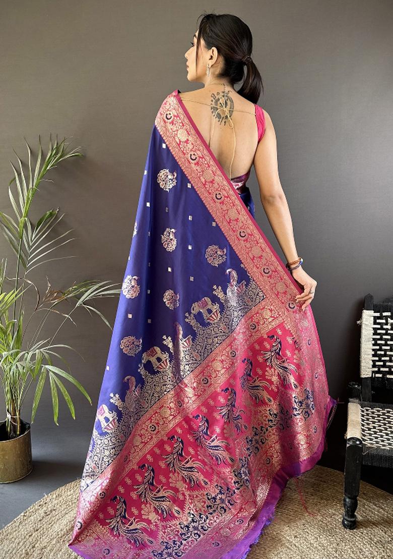 Magenta Embroidered Silk Saree Set