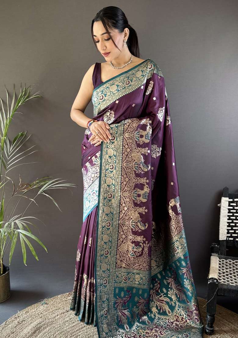 Dark Green Silk Blend Saree Set with Embroidered for Diwali | Wedding & Festive Wear - Indya