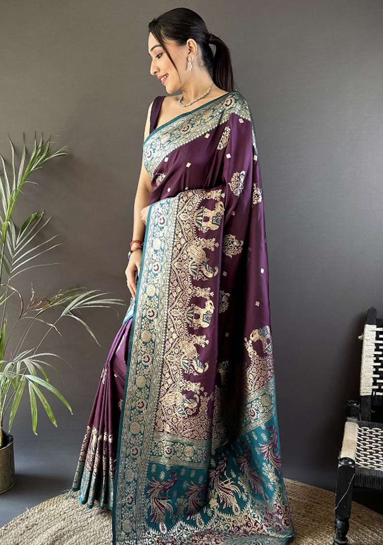 Dark Green Silk Blend Saree Set with Embroidered for Diwali | Wedding & Festive Wear - Indya