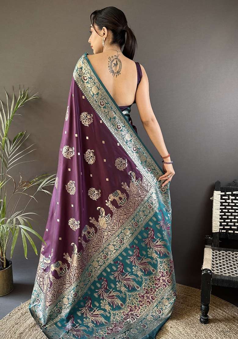 Dark Green Silk Blend Saree Set with Embroidered for Diwali | Wedding & Festive Wear - Indya
