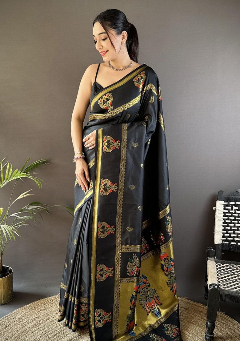 Black Weaving Border Silk Saree Set