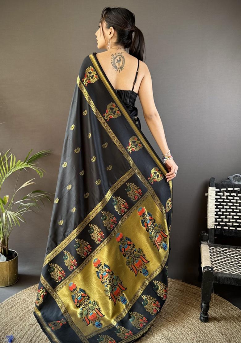 Black Weaving Border Silk Saree Set