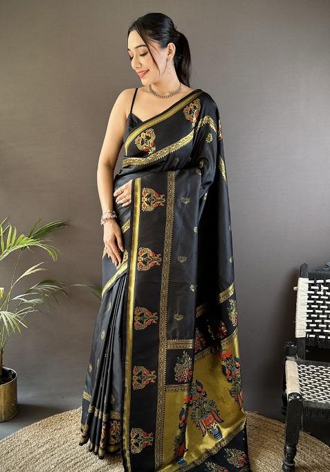 Black Weaving Border Silk Saree Set