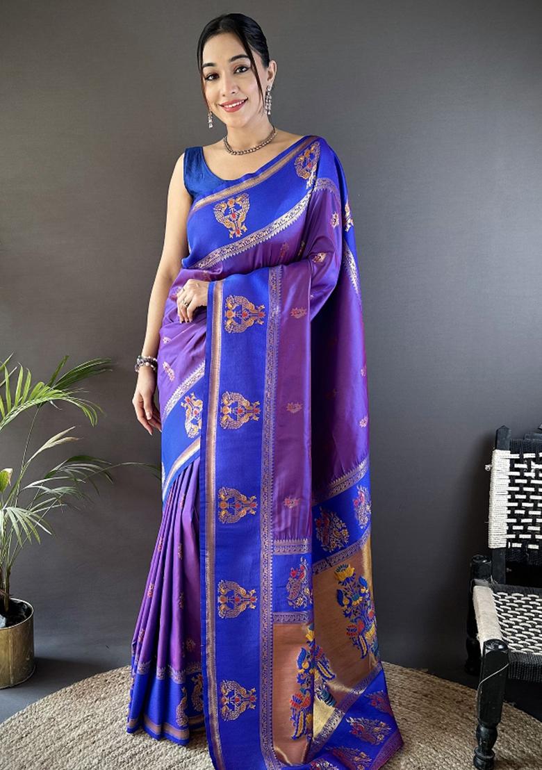 Royal Blue Weaving Border Silk Saree Set