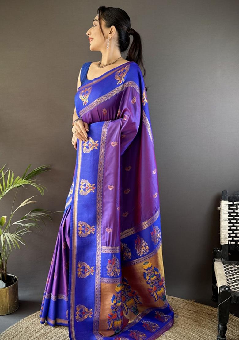 Royal Blue Weaving Border Silk Saree Set