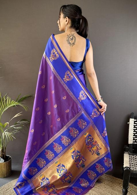 Royal Blue Weaving Border Silk Saree Set