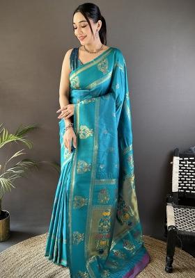Teal Weaving Border Silk Saree Set