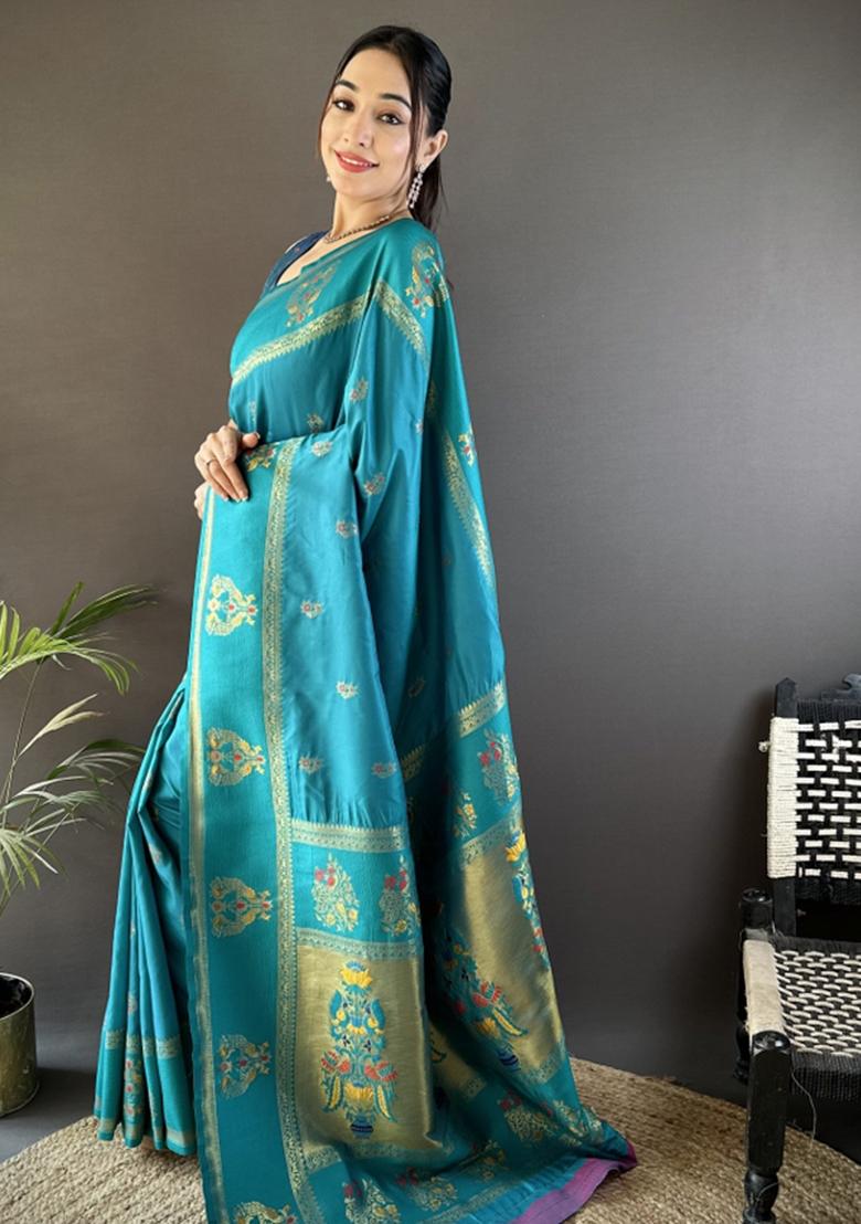 Teal Weaving Border Silk Saree Set