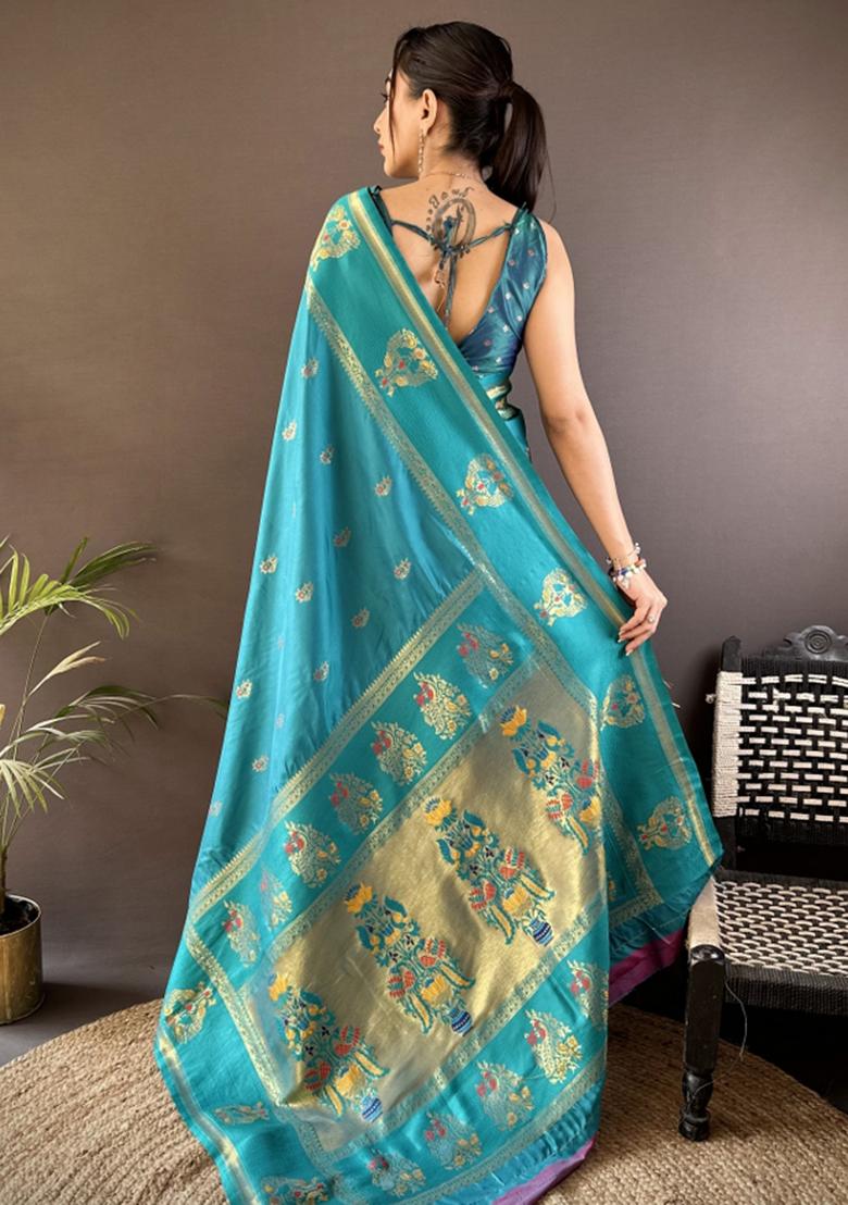 Teal Weaving Border Silk Saree Set