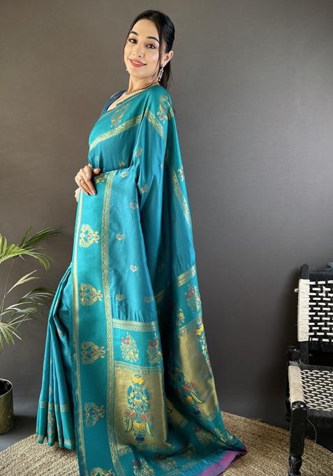 Teal Weaving Border Silk Saree Set