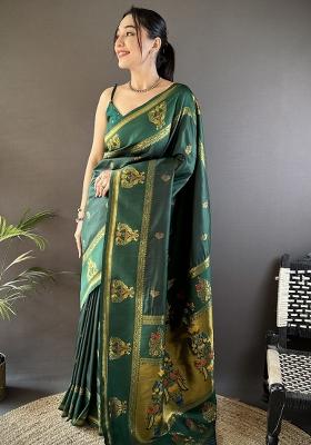 Dark Green Weaving Border Silk Saree Set