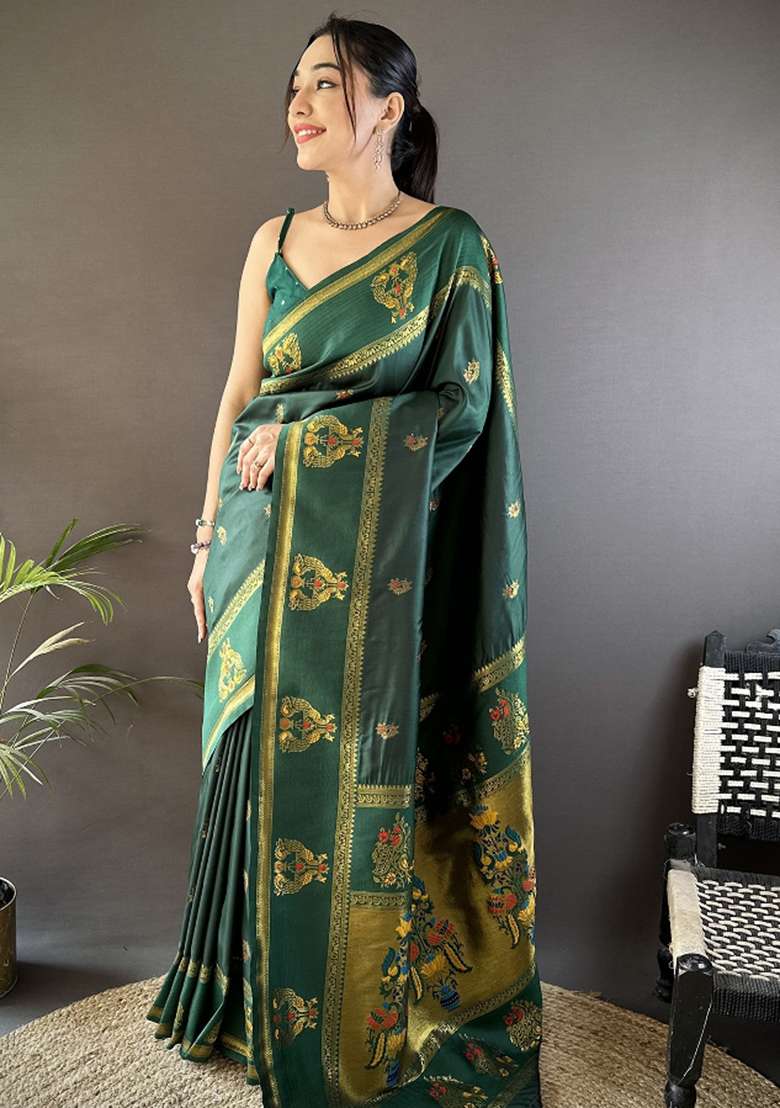 Dark Green Weaving Border Silk Blend Saree Set for Diwali and Festive Wear - Indya