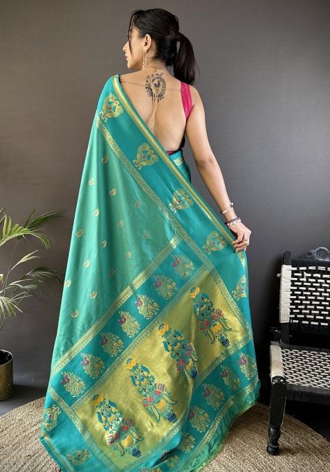 Green Weaving Border Silk Saree Set