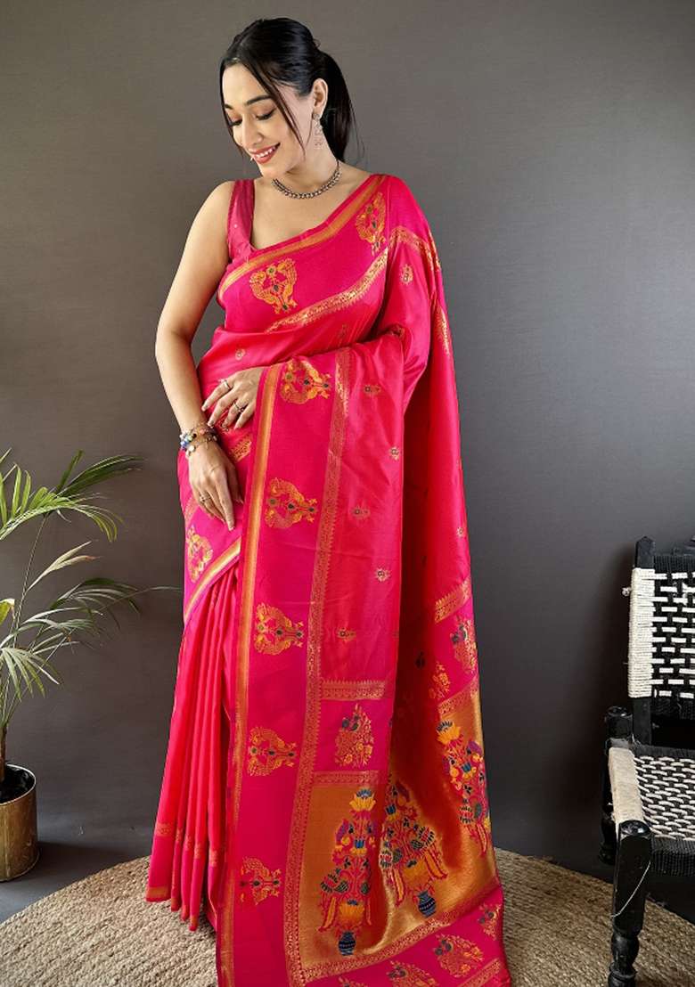 Rani Pink Weaving Border Silk Blend Saree Set for Diwali | Wedding & Festive Wear - Indya