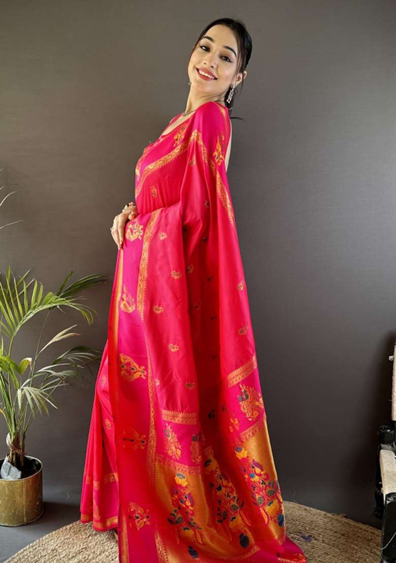 Rani Pink Weaving Border Silk Blend Saree Set for Diwali | Wedding & Festive Wear - Indya