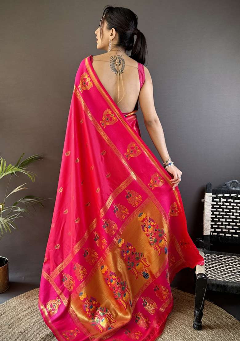 Rani Pink Weaving Border Silk Blend Saree Set for Diwali | Wedding & Festive Wear - Indya