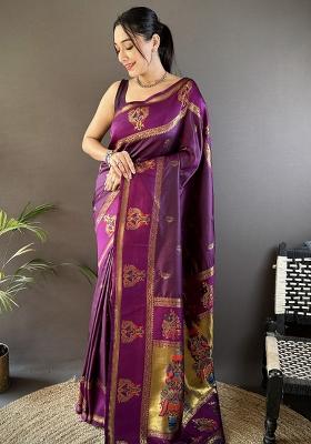 Purple Weaving Border Silk Saree Set