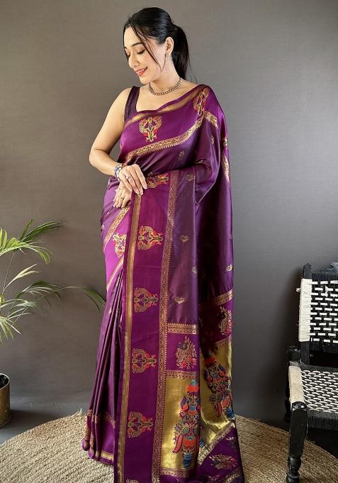 Purple Weaving Border Silk Saree Set
