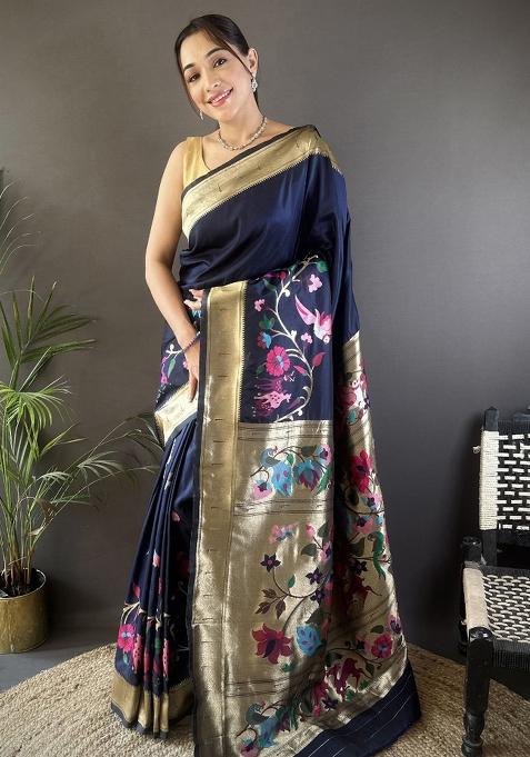Navy Blue Floral Silk Saree Set