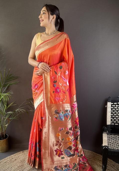 Orange Floral Silk Saree Set