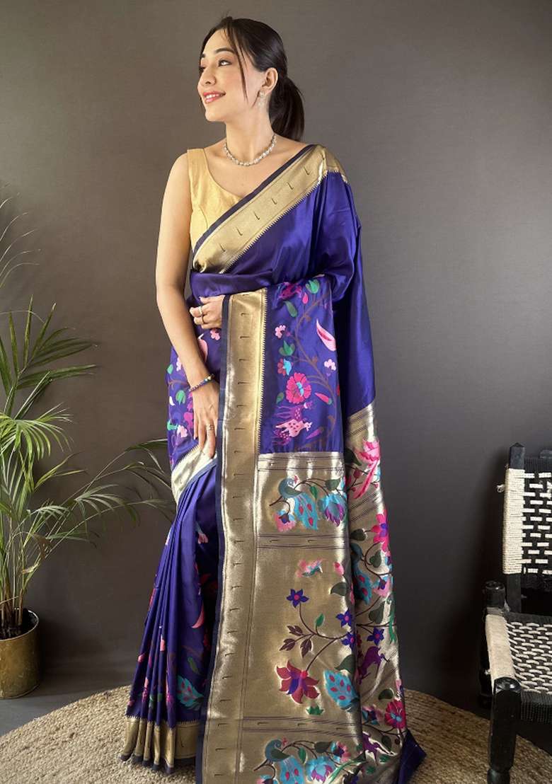 Royal Blue Floral Silk Blend Saree Set for Diwali | Wedding & Festive Wear - Indya