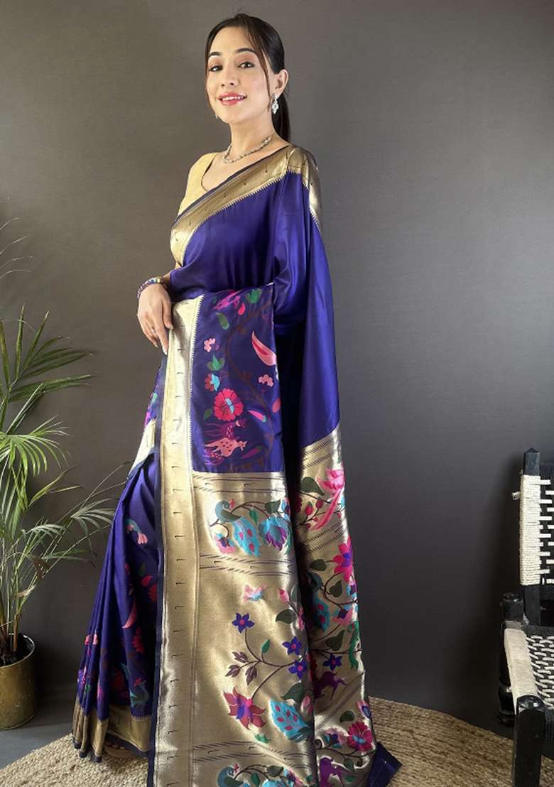 Royal Blue Floral Silk Blend Saree Set for Diwali | Wedding & Festive Wear - Indya