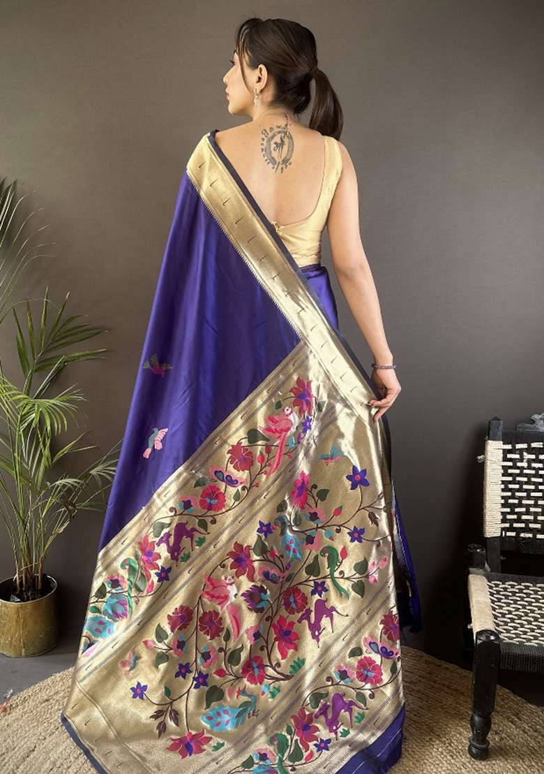 Royal Blue Floral Silk Blend Saree Set for Diwali | Wedding & Festive Wear - Indya