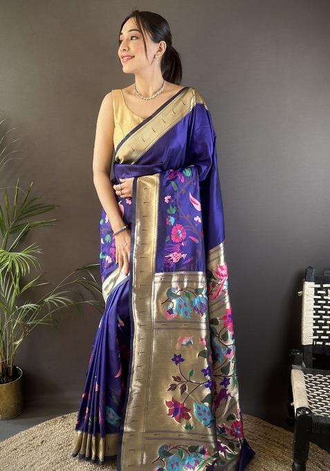 Royal Blue Floral Silk Saree Set